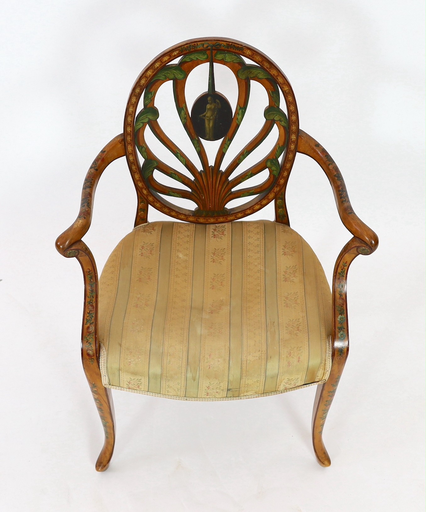 A late Victorian Sheraton revival painted satinwood elbow chair, W.62cm D.54cm H.88cm